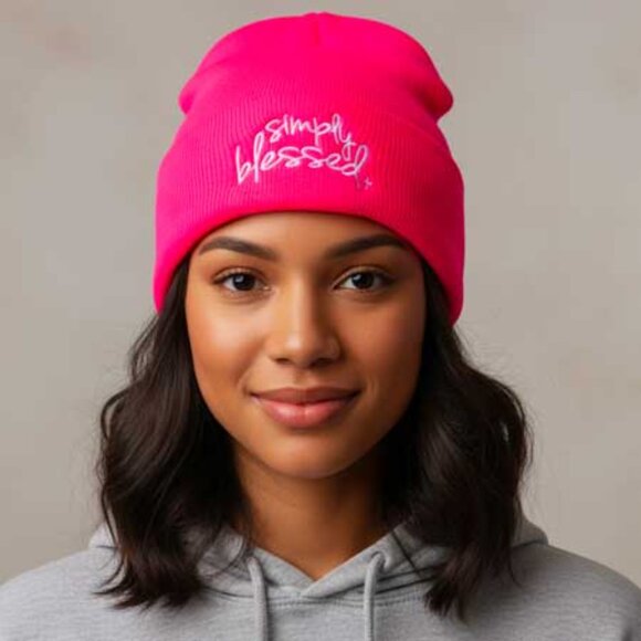 2/$30 Ladies Hot Pink Simply Blessed Winter Hat Beanie Cap - Picture 2 of 7